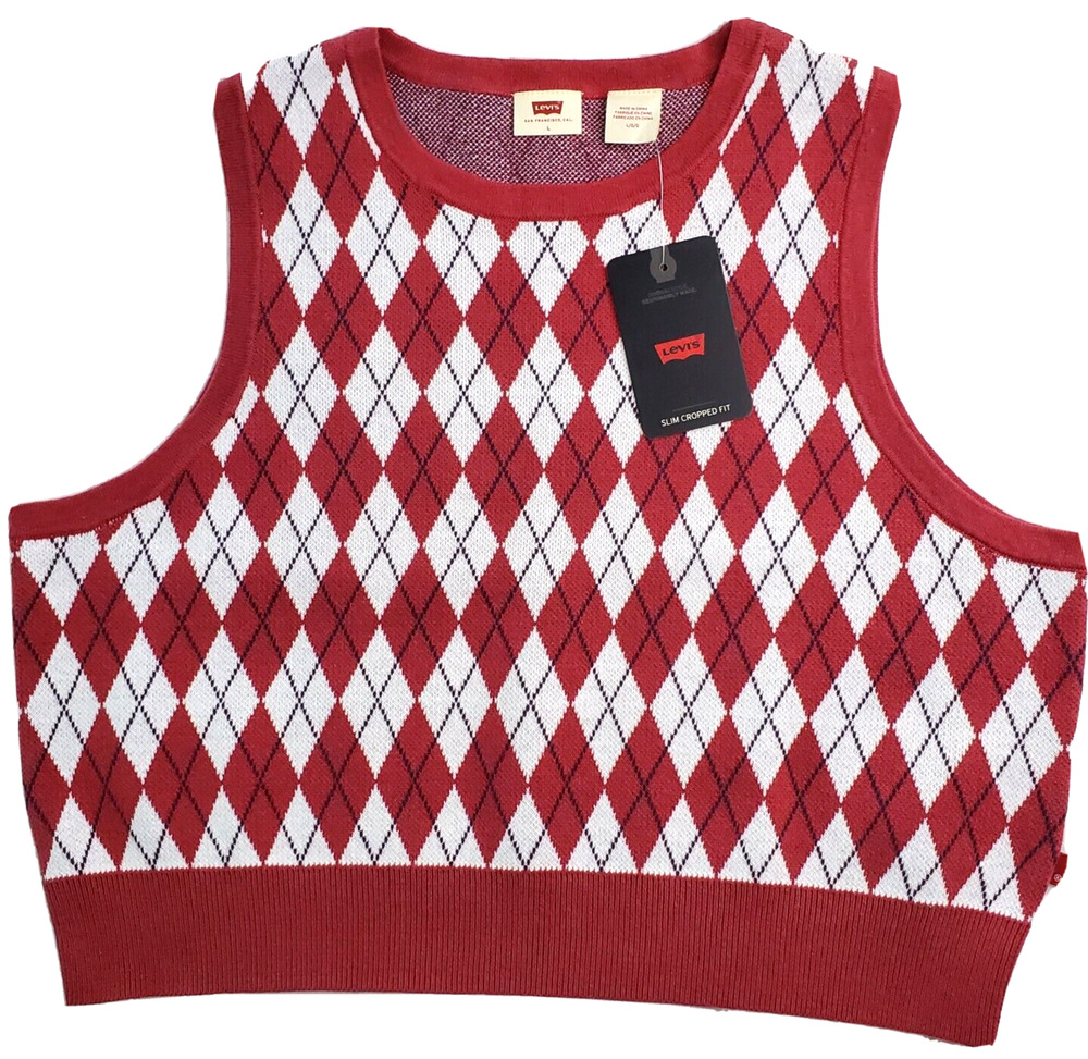 Levi's Sweater Vest Women's M Paris Red Argyle Earth Top NEW Seen On Survivor